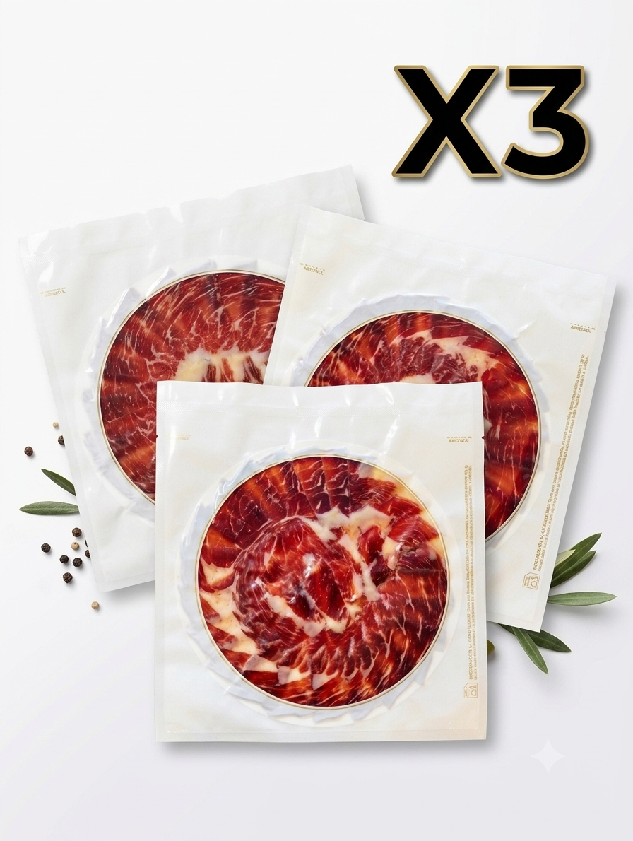Pack 3 sobres de jamón de bellota 50% raza ibérica.